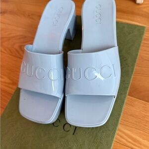Gucci Light Blue Patent Logo Slide Mules